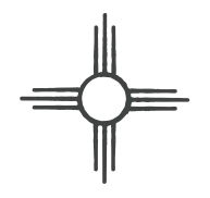 A black-and-white image of a symbol with a circular center and four sets of parallel lines radiating outward.