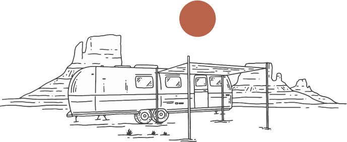 Illustration of a trailer with a canopy in a desert landscape, red sun above, and rock formations in the background.